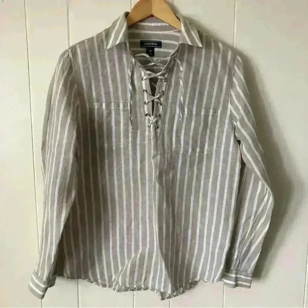 Lands’End Lace-Up Striped Linen Shirt Size 10